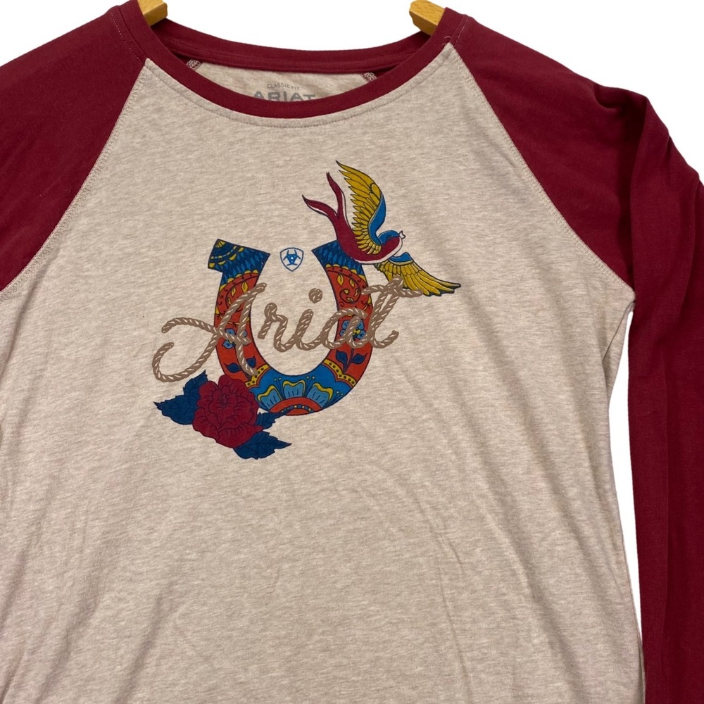 Ariat Real Ropey Rose Shirt Womens S Oatmeal Burgundy Horseshoe Raglan 10041343